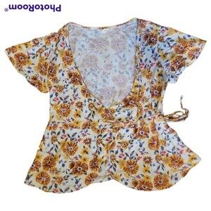 Sophia Rue White Yellow Short Sleeve Wrap Top - M